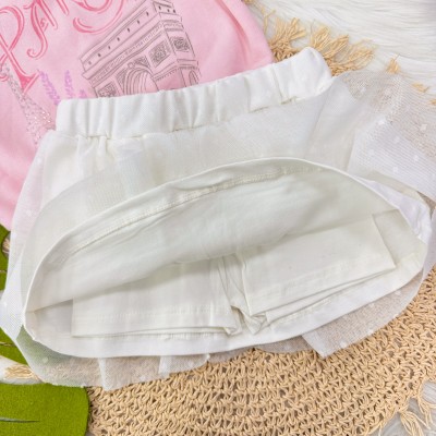 Conj. Blusão de Moletom Paris e Short Saia Tule com Mini-Losangolos - Rosa e Off White